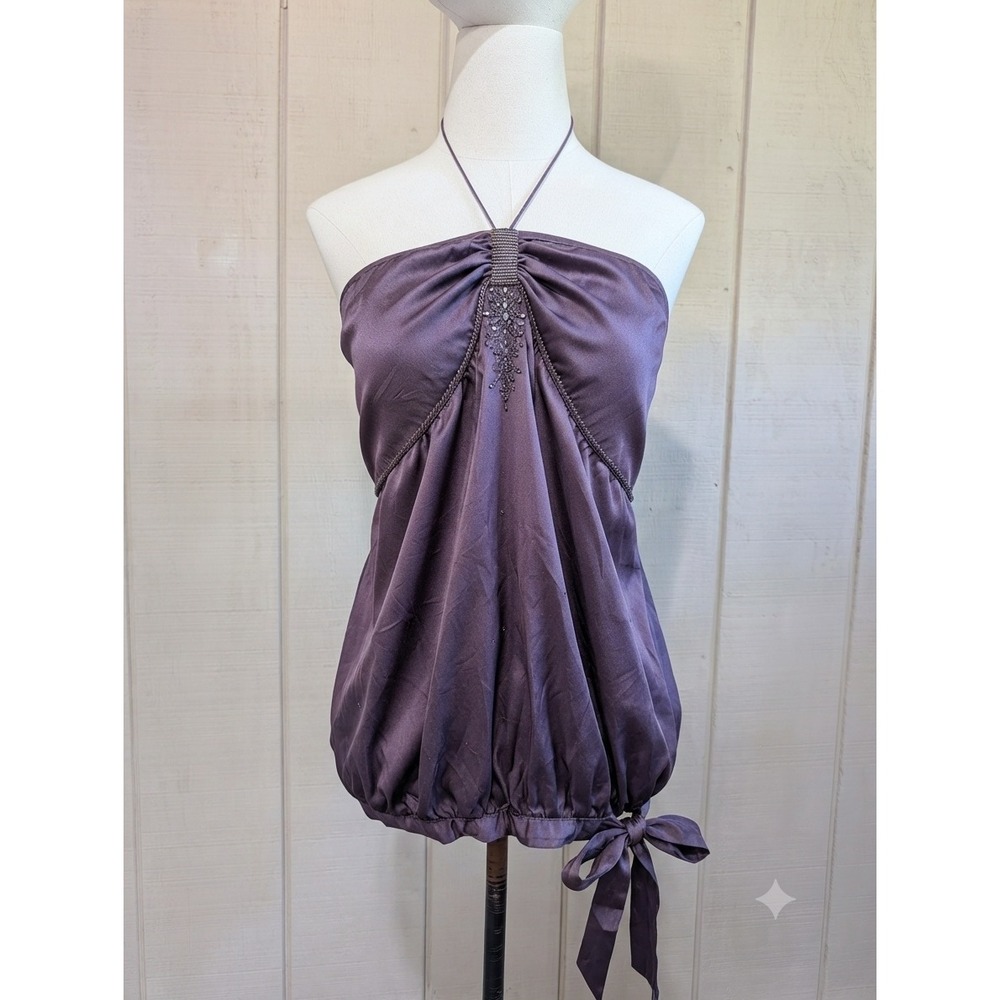 Janice Jaraicie Purple Silk Beaded Bubble Hem Halter Top